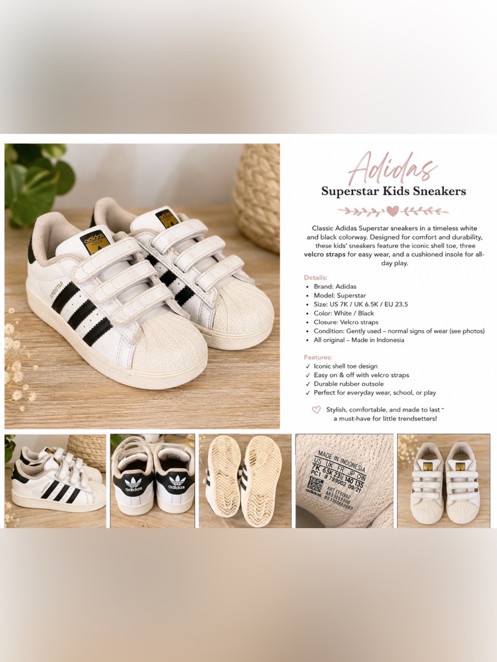 Adidas Superstar Kids Velcro Sneakers – Size 7K